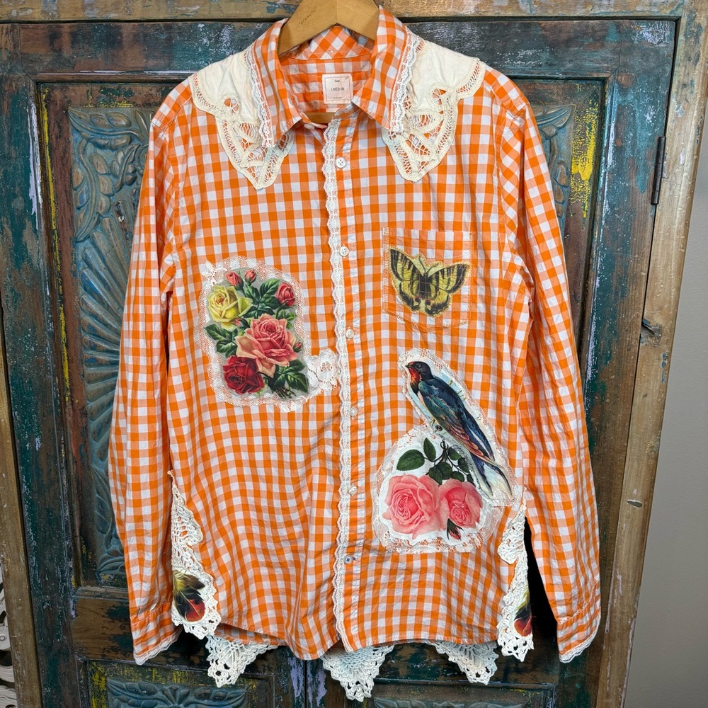 Vintage style bird floral lace appliqué upcycled dopamine shirt